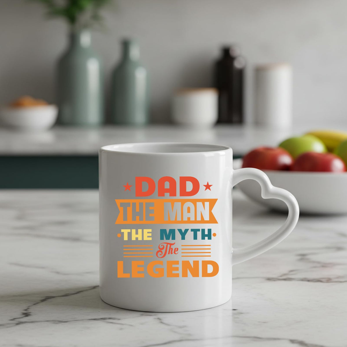 Dad the Man retro heart-handle mug on a marble counter with fruit