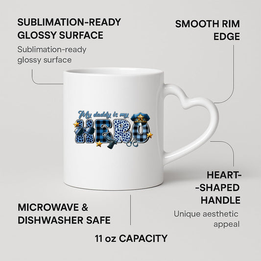 Heart-handle mug with labels for 11oz capacity, glossy surface and heart-shaped handle