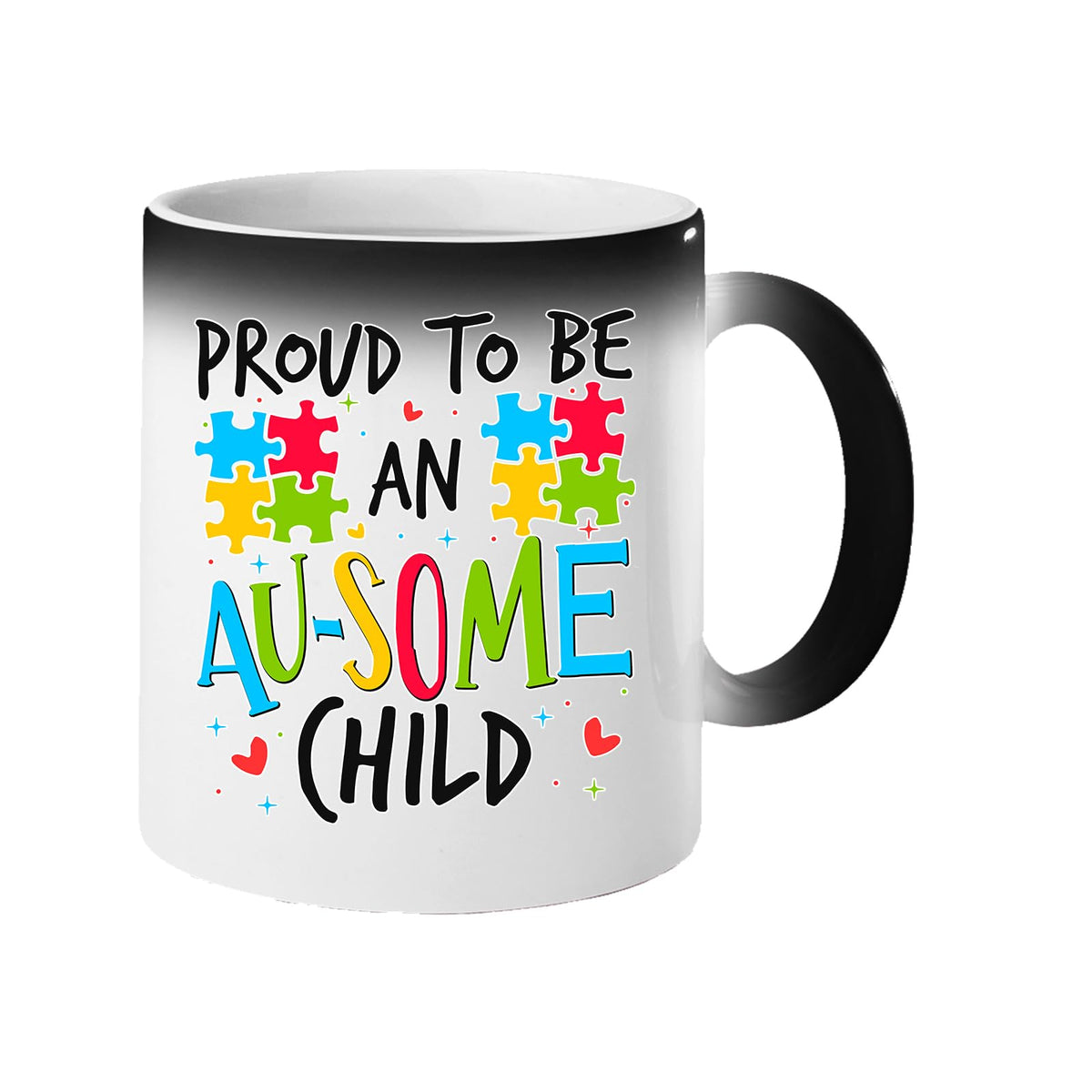 Colour changing mug revealing “Proud to be an AU-SOME child” with colourful puzzle pieces