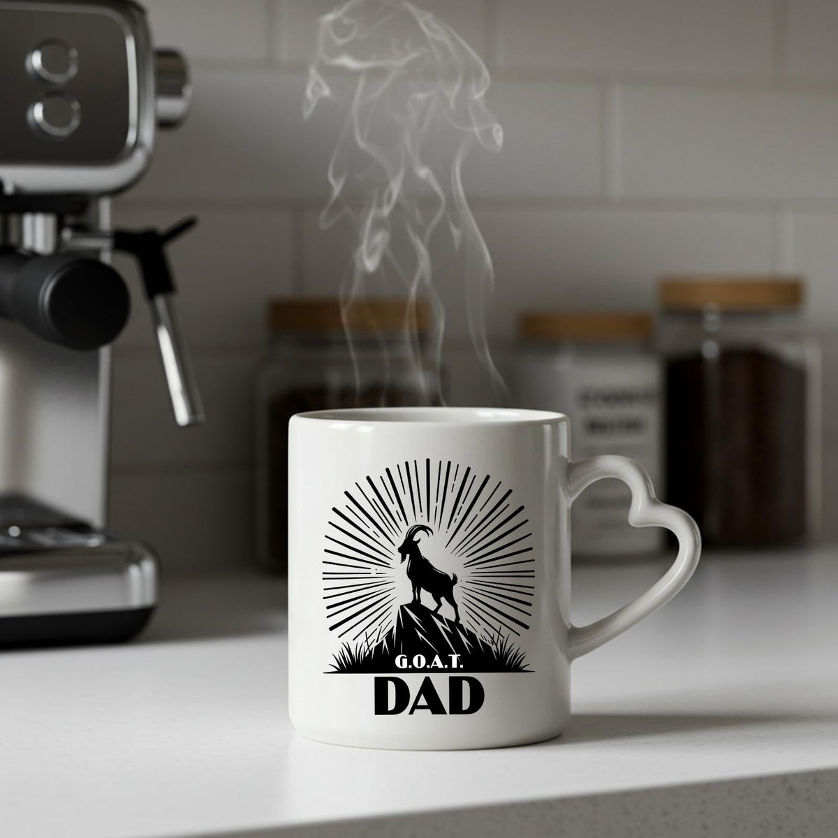 Steaming GOAT Dad heart-handle mug on a kitchen counter