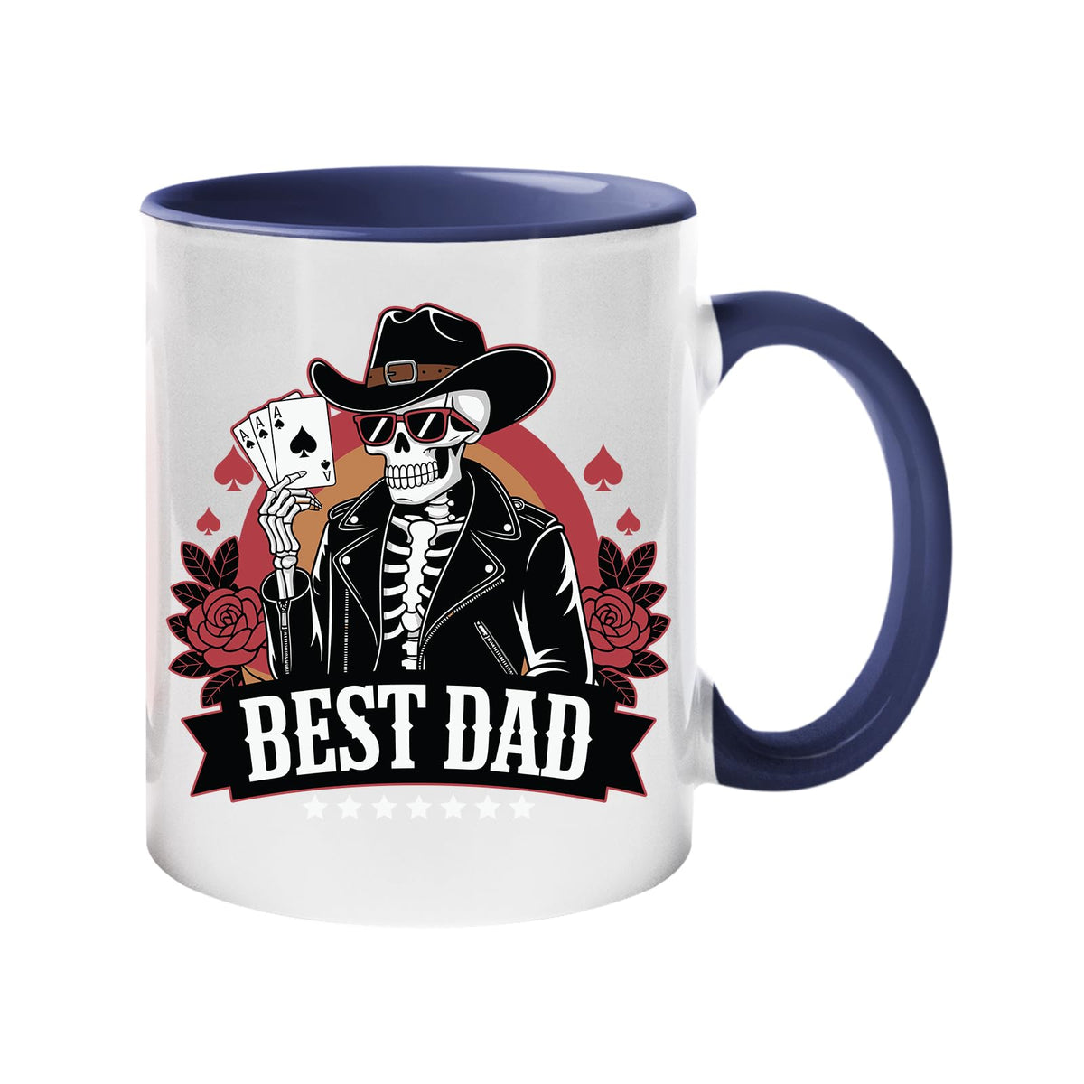 Colour handle mug with a skeleton cowboy holding aces above a “Best Dad” banner – dark blue handle and inside