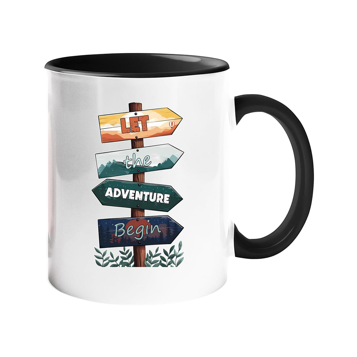 Colour handle mug with wooden signposts spelling out “Let the adventure begin” – black handle and inside