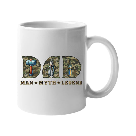 White mug with camo “DAD” letters with a hammer, pliers and screwdriver above “Man ★ Myth ★ Legend”