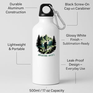 White aluminium water bottle with a hiker on a mountain trail between pine trees with “Adventure awaits”