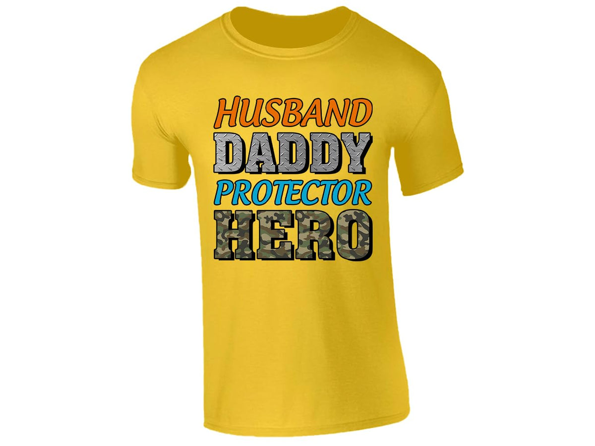 Yellow men's T-shirt with “Husband, Daddy, Protector, Hero” camo lettering design