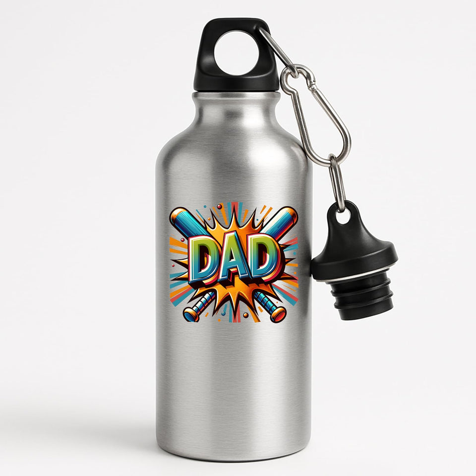 Silver aluminium water bottle with a comic-style “DAD” in front of crossed baseball bats
