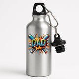 Silver aluminium water bottle with a comic-style “DAD” in front of crossed baseball bats