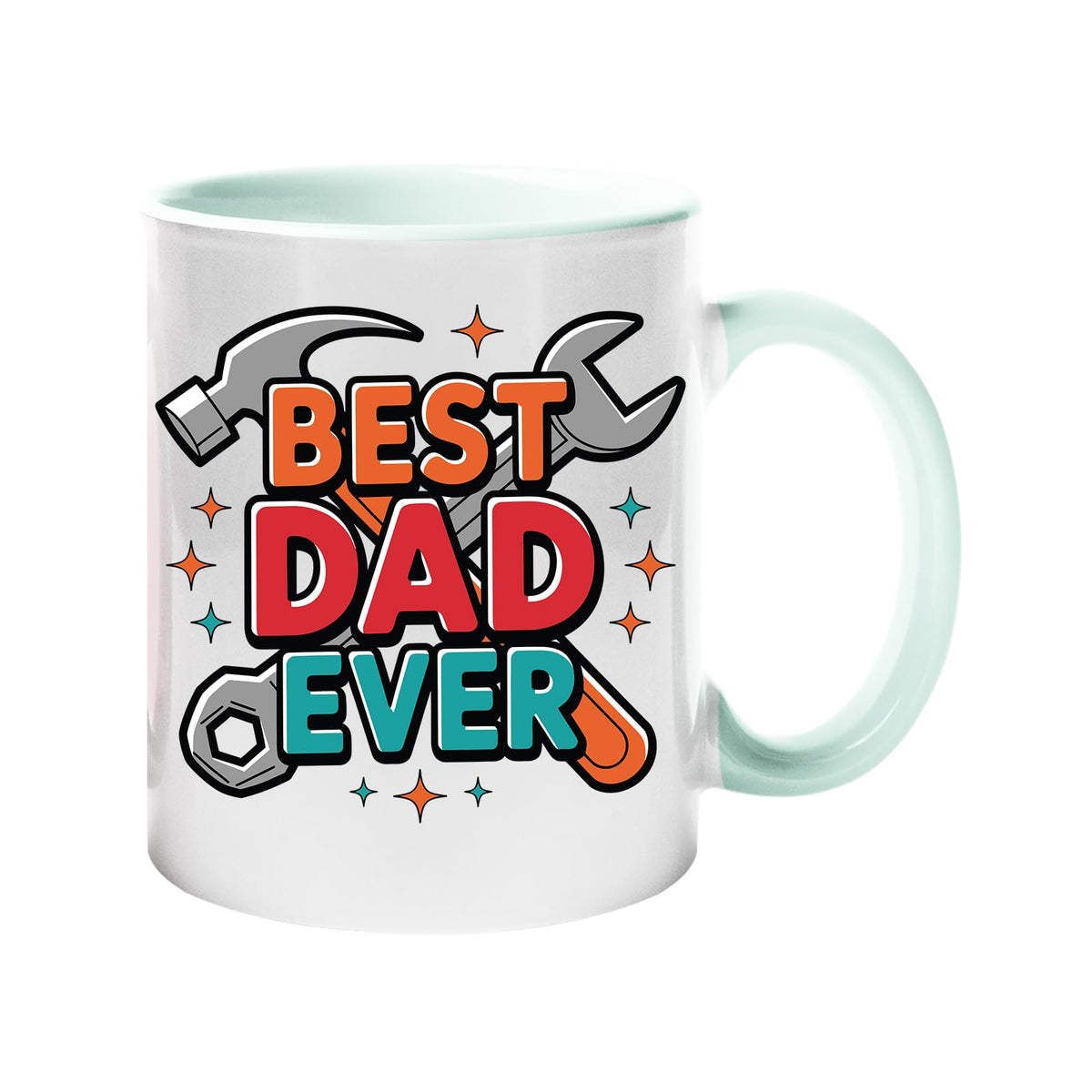 Colour handle mug with “Best Dad Ever” framed by a hammer and spanner – lime handle and inside