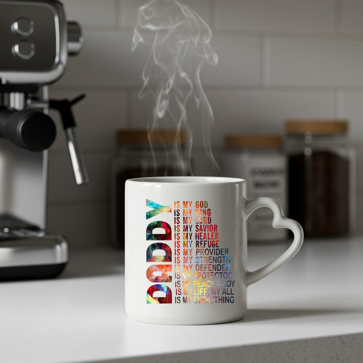 Steaming Daddy Is My God heart-handle mug on a kitchen counter