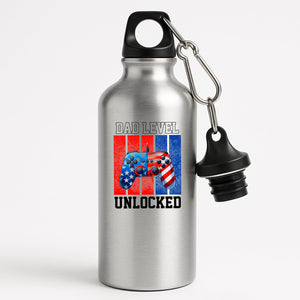Silver aluminium water bottle with a stars-and-stripes game controller and “Dad level unlocked”