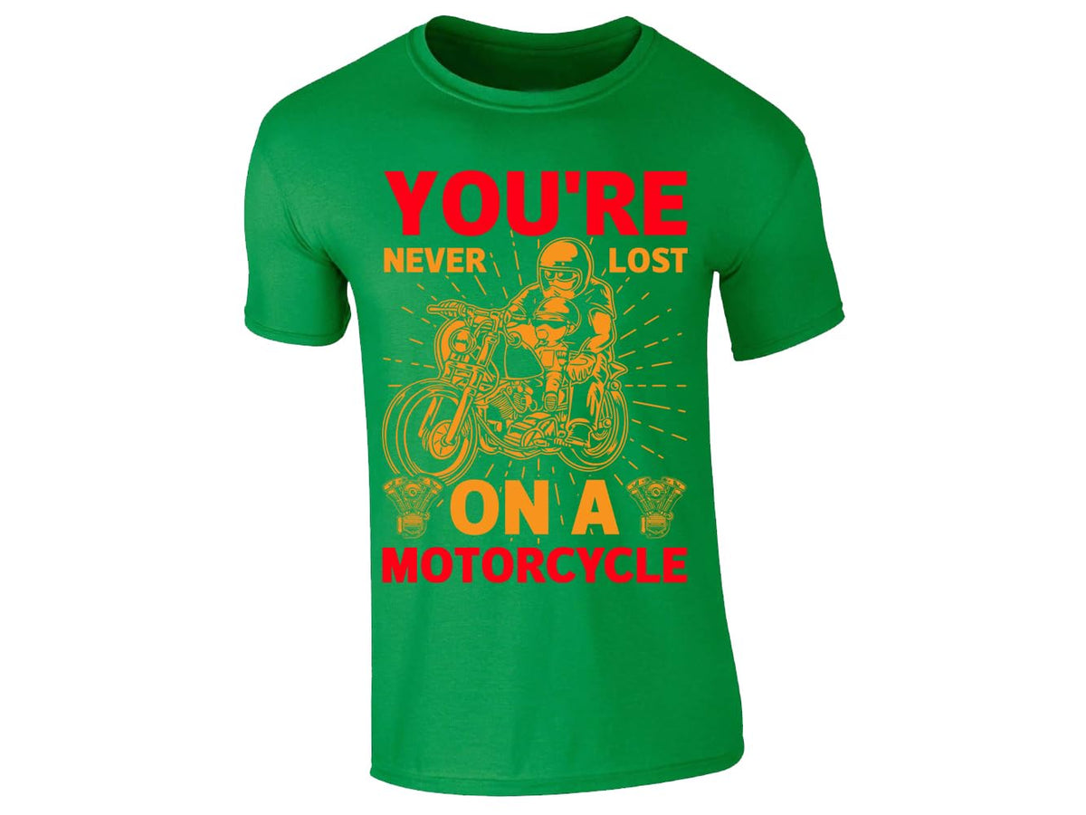 Irish Green men's T-shirt with “You’re never lost on a motorcycle” rider design