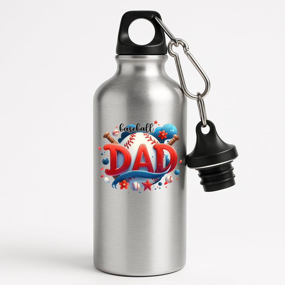 Silver aluminium water bottle with “Baseball DAD” in bold red letters with a baseball and bats