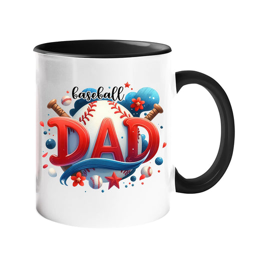 Colour handle mug with “Baseball DAD” in bold red letters with a baseball and bats – black handle and inside