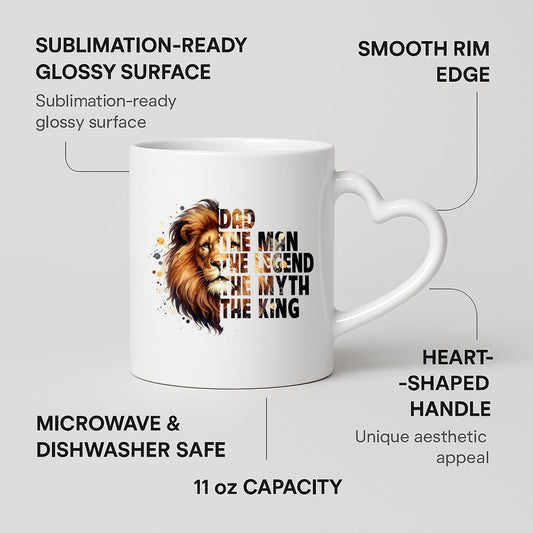 Heart-handle mug with labels for 11oz capacity, glossy surface and heart-shaped handle