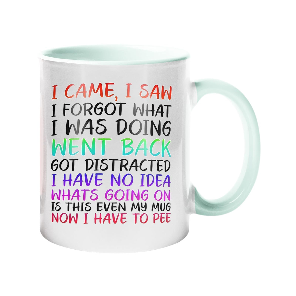 Colour handle mug with “I came, I saw, I forgot what I was doing… is this even my mug, now I have to pee” in colourful lettering – lime handle and inside