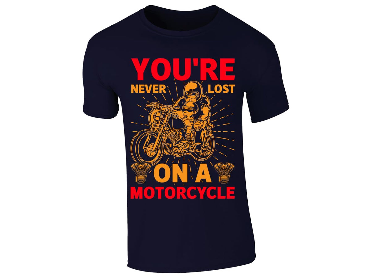 Navy men's T-shirt with “You’re never lost on a motorcycle” rider design