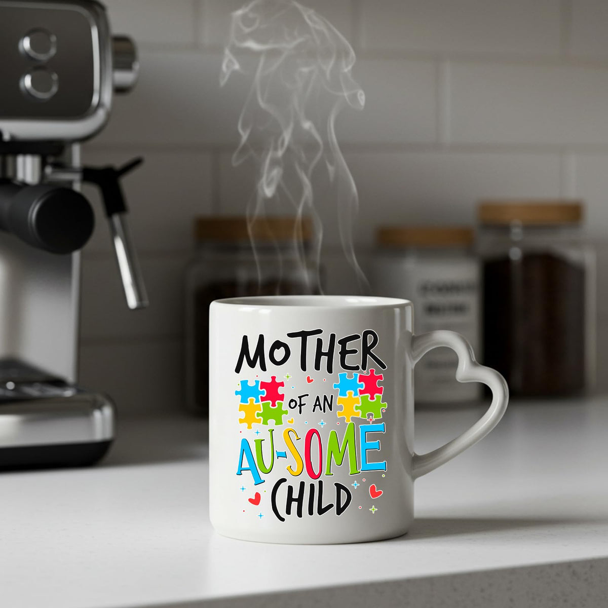 Steaming Mother of an Au-Some Child heart-handle mug on a kitchen counter