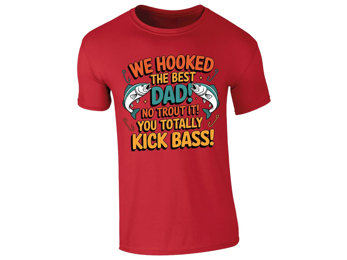 Red men's T-shirt with “We hooked the best Dad – no trout about it” design