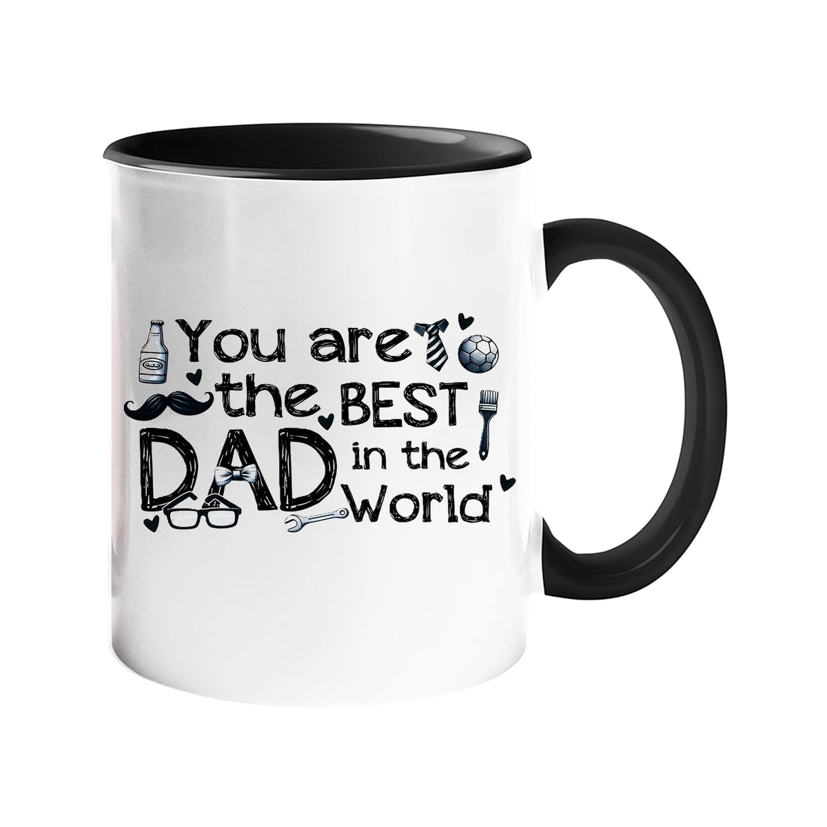 Colour handle mug with “You are the best Dad in the world” with hand-drawn dad icons – black handle and inside