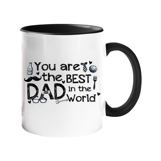 Colour handle mug with “You are the best Dad in the world” with hand-drawn dad icons – black handle and inside