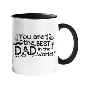 Colour handle mug with “You are the best Dad in the world” with hand-drawn dad icons – black handle and inside