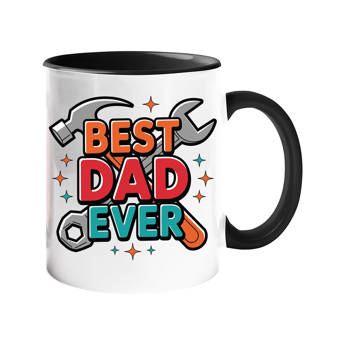 Colour handle mug with “Best Dad Ever” framed by a hammer and spanner – black handle and inside