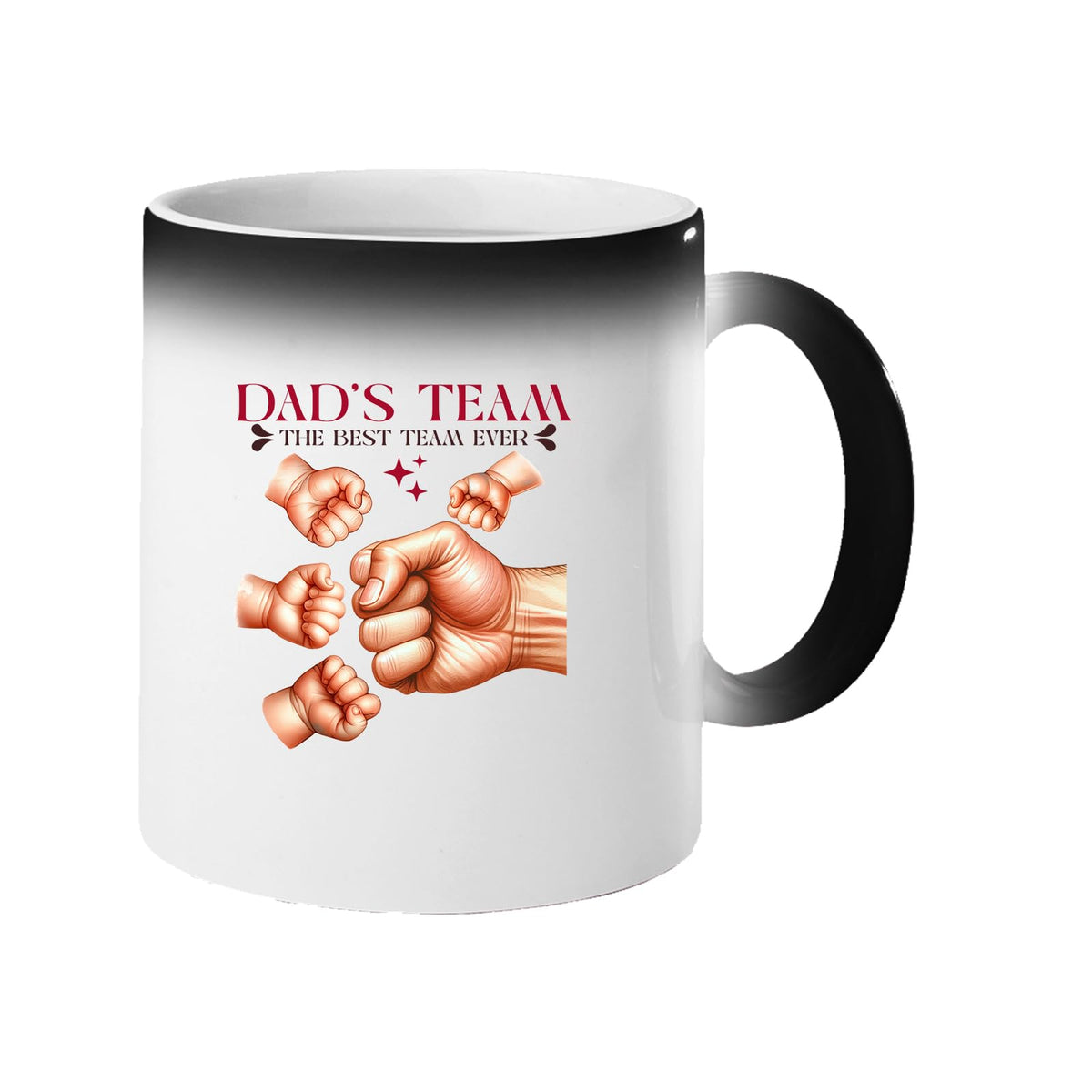 Colour changing mug revealing “Dad’s Team – the best team ever” with a big fist bumping little fists