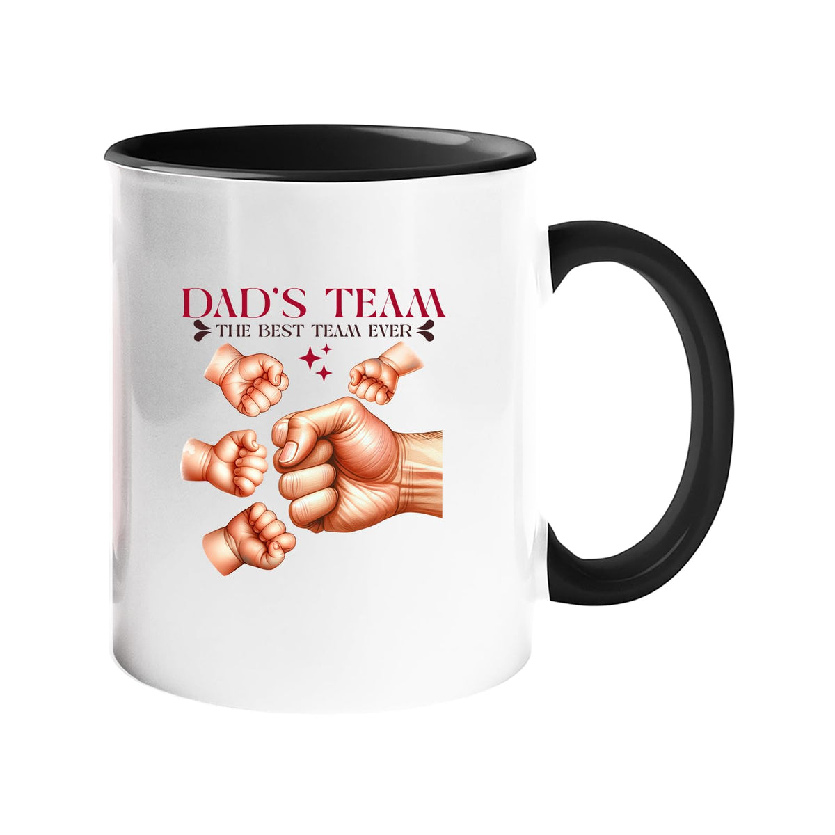 Colour handle mug with “Dad’s Team – the best team ever” with a big fist bumping little fists – black handle and inside