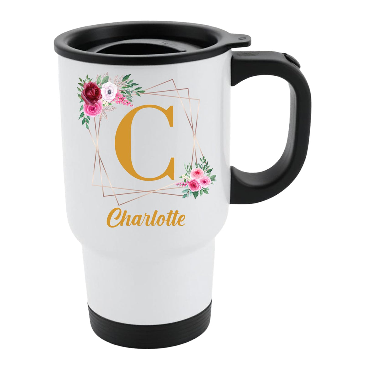 White travel mug with a gold initial in a floral frame and an example name