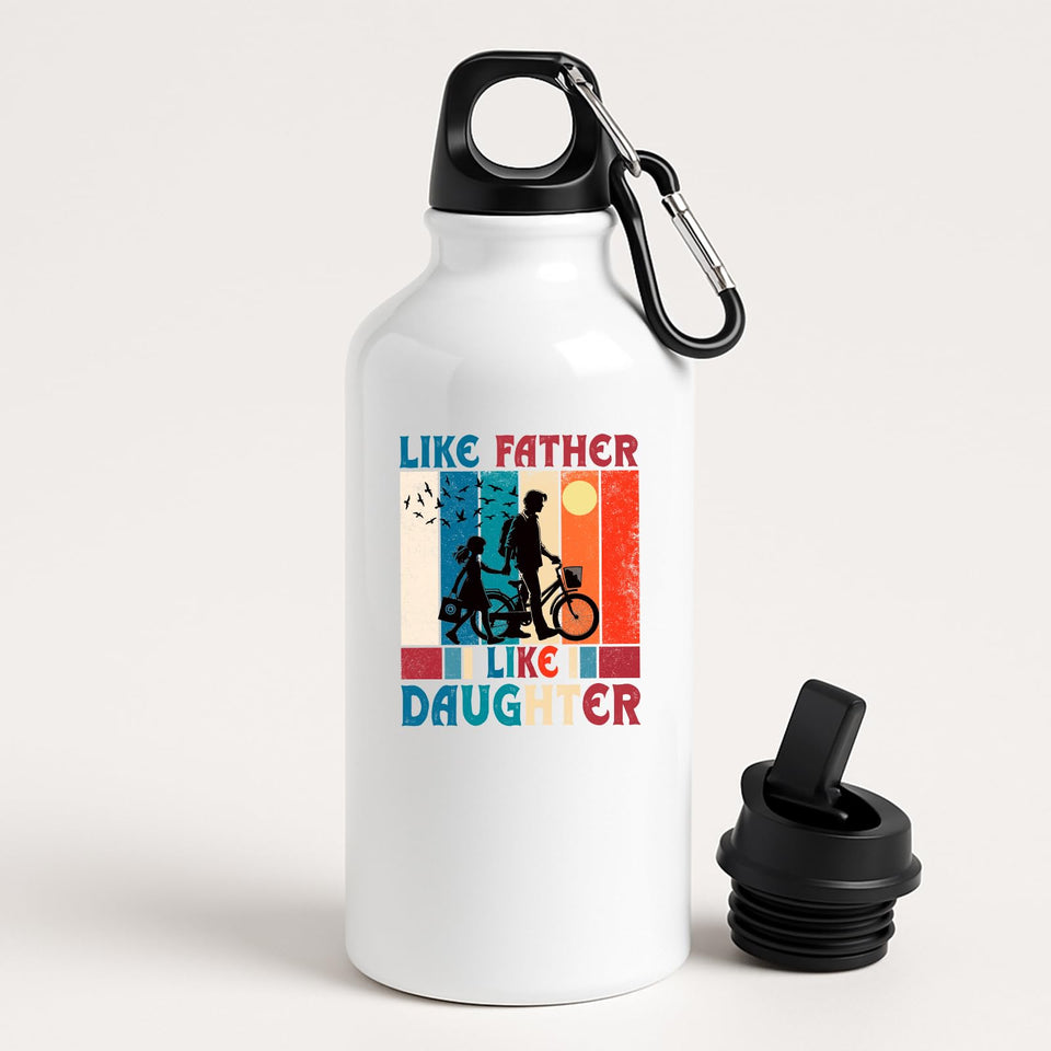 White aluminium water bottle with a dad and daughter with a bike in silhouette over retro stripes and “Like father, like daughter”
