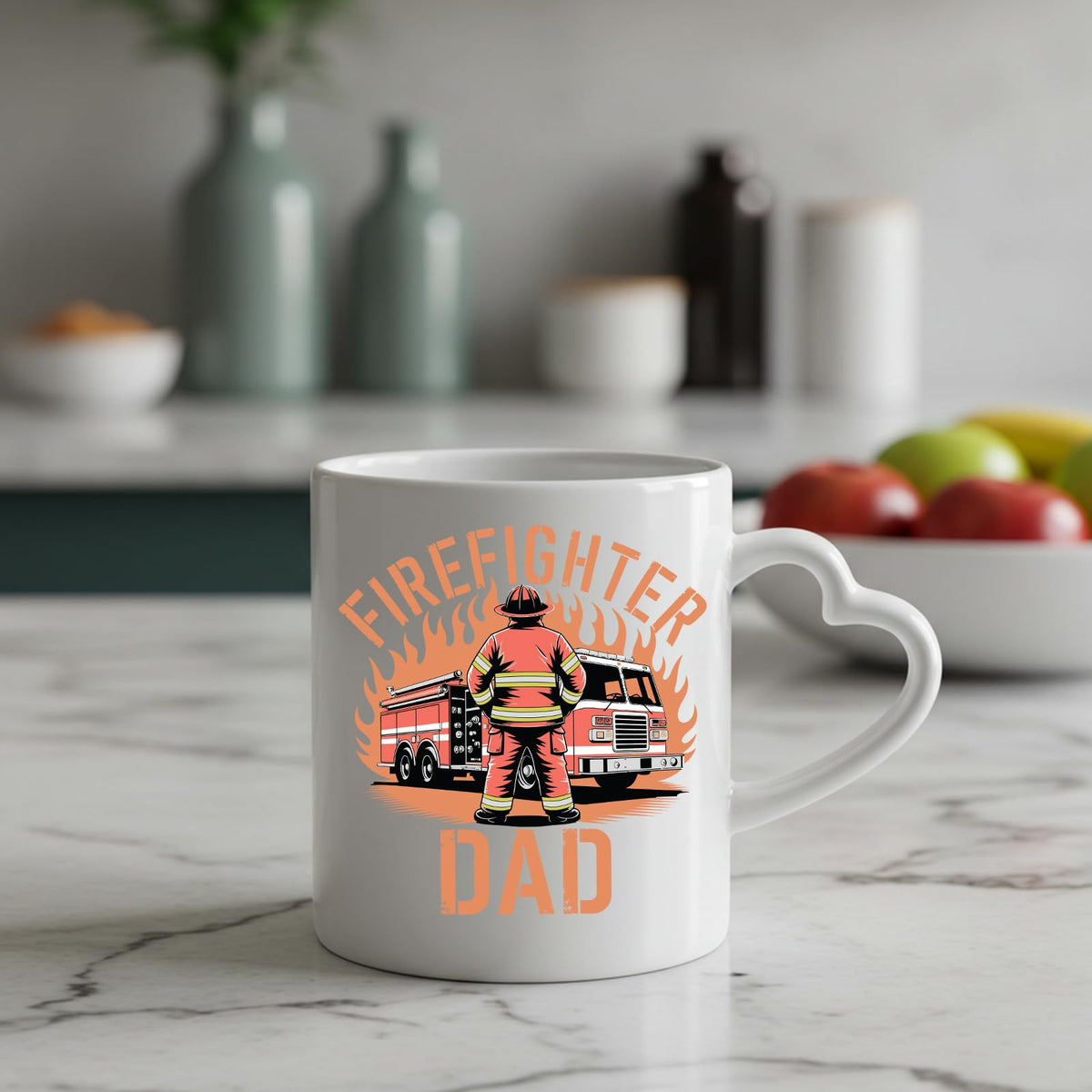 Firefighter Dad heart-handle mug on a marble counter with fruit