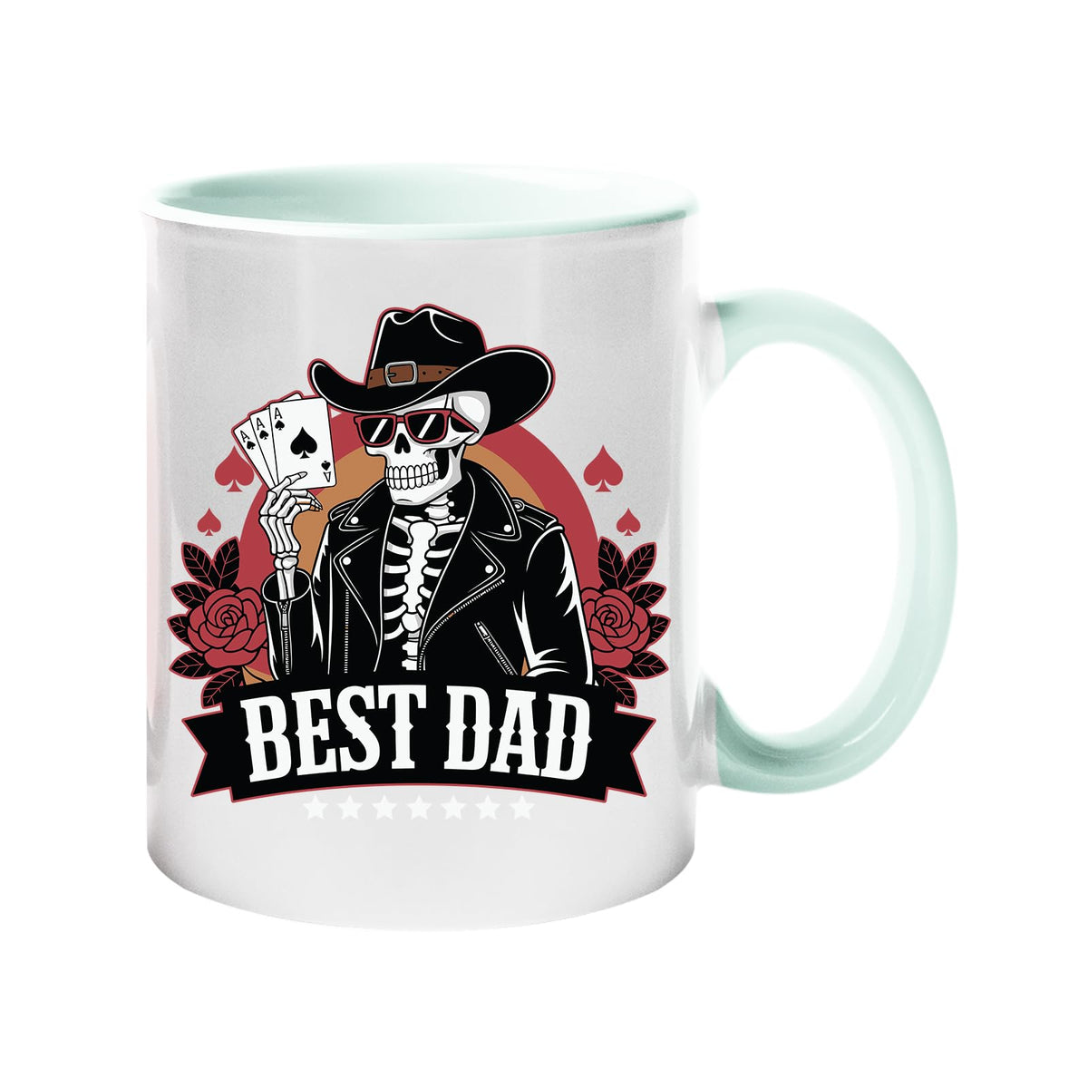 Colour handle mug with a skeleton cowboy holding aces above a “Best Dad” banner – lime handle and inside