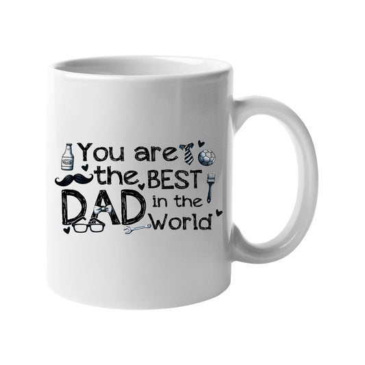 White mug with “You are the best Dad in the world” with hand-drawn dad icons