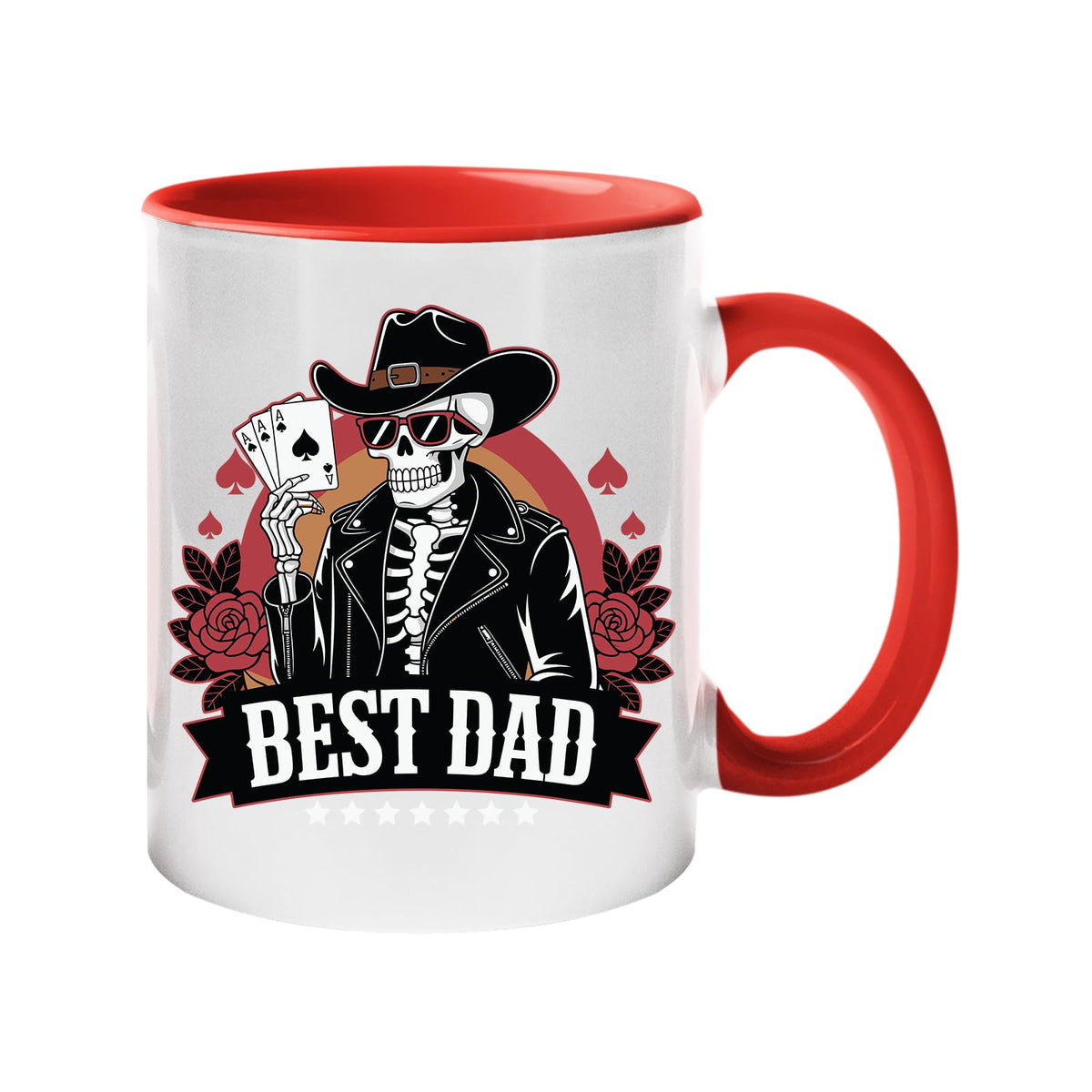 Colour handle mug with a skeleton cowboy holding aces above a “Best Dad” banner – red handle and inside