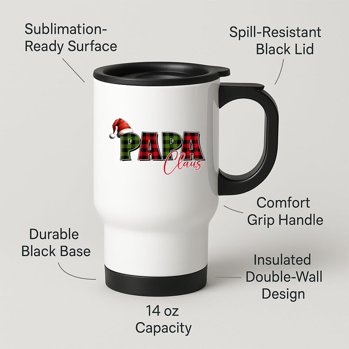 Travel mug with labels for spill-resistant lid, insulated double wall and 14oz capacity