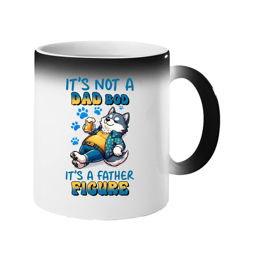 Colour changing mug revealing a relaxed husky with a beer and “It’s not a dad bod, it’s a father figure”