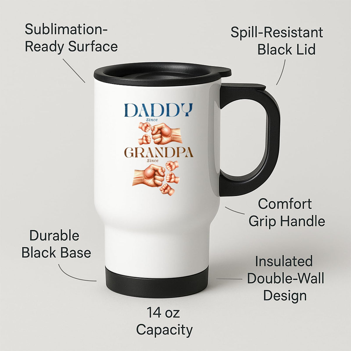 Travel mug with labels for spill-resistant lid, insulated double wall and 14oz capacity