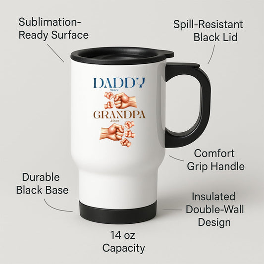 Travel mug with labels for spill-resistant lid, insulated double wall and 14oz capacity