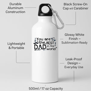 White aluminium water bottle with “You are the best Dad in the world” with hand-drawn dad icons