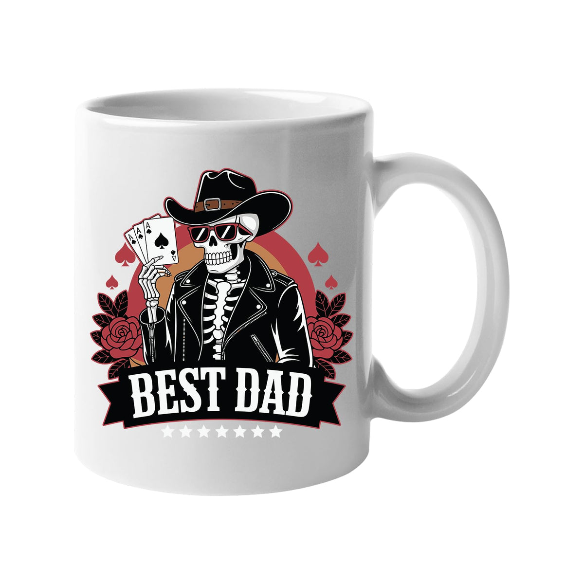White mug with a skeleton cowboy holding aces above a “Best Dad” banner