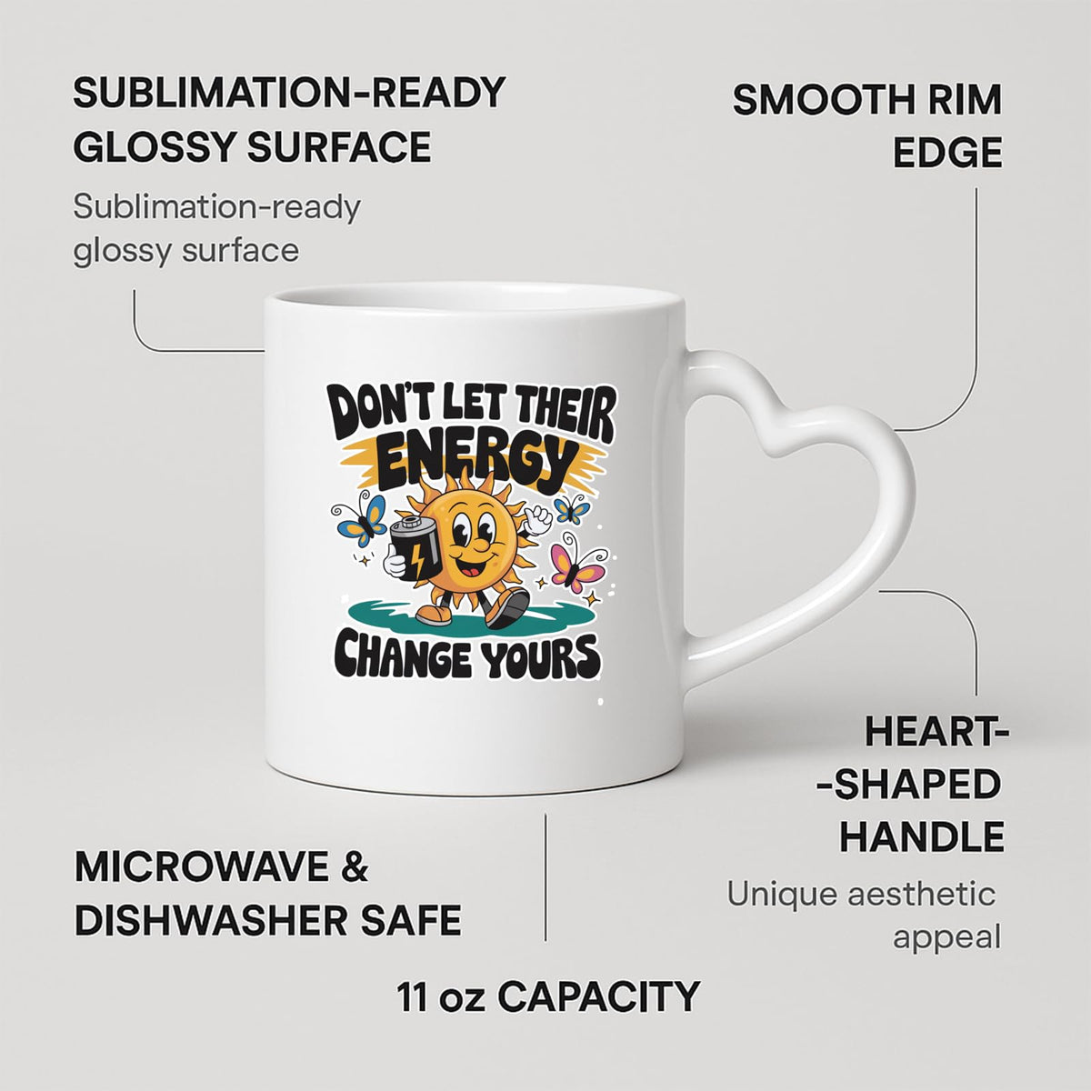 Heart-handle mug with labels for 11oz capacity, glossy surface and heart-shaped handle
