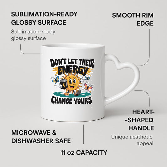 Heart-handle mug with labels for 11oz capacity, glossy surface and heart-shaped handle
