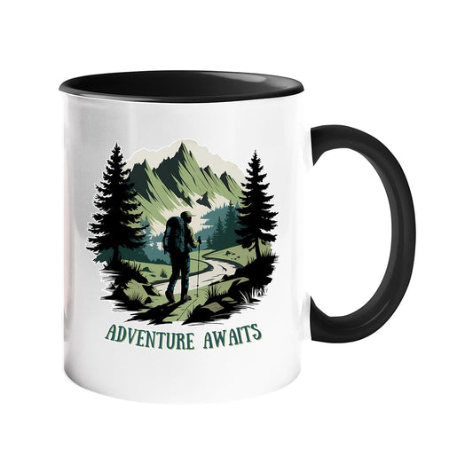 Colour handle mug with a hiker on a mountain trail between pine trees with “Adventure awaits” – black handle and inside
