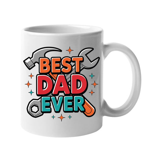 White mug with “Best Dad Ever” framed by a hammer and spanner