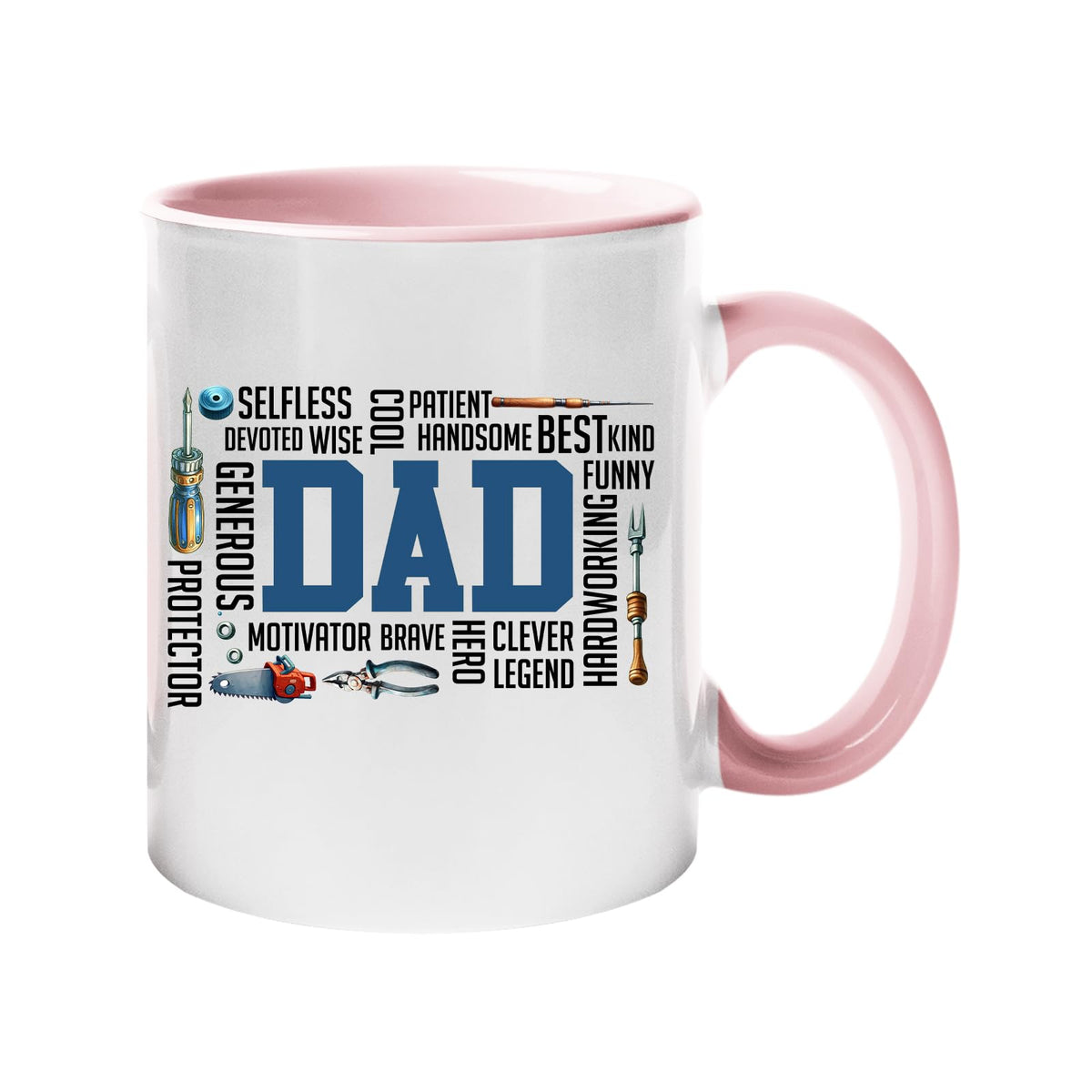 Colour handle mug with a big blue “DAD” surrounded by words like selfless, wise, funny, brave, hero and legend – light pink handle and inside