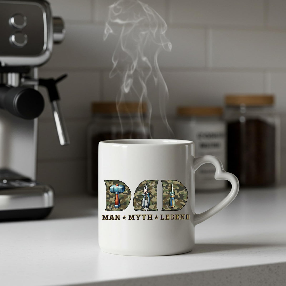 Steaming Dad Man Myth Legend tools heart-handle mug on a kitchen counter