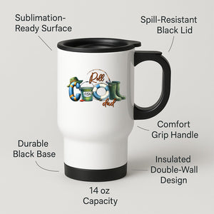Reel Cool Dad travel mug on a wooden slice with white pom-poms
