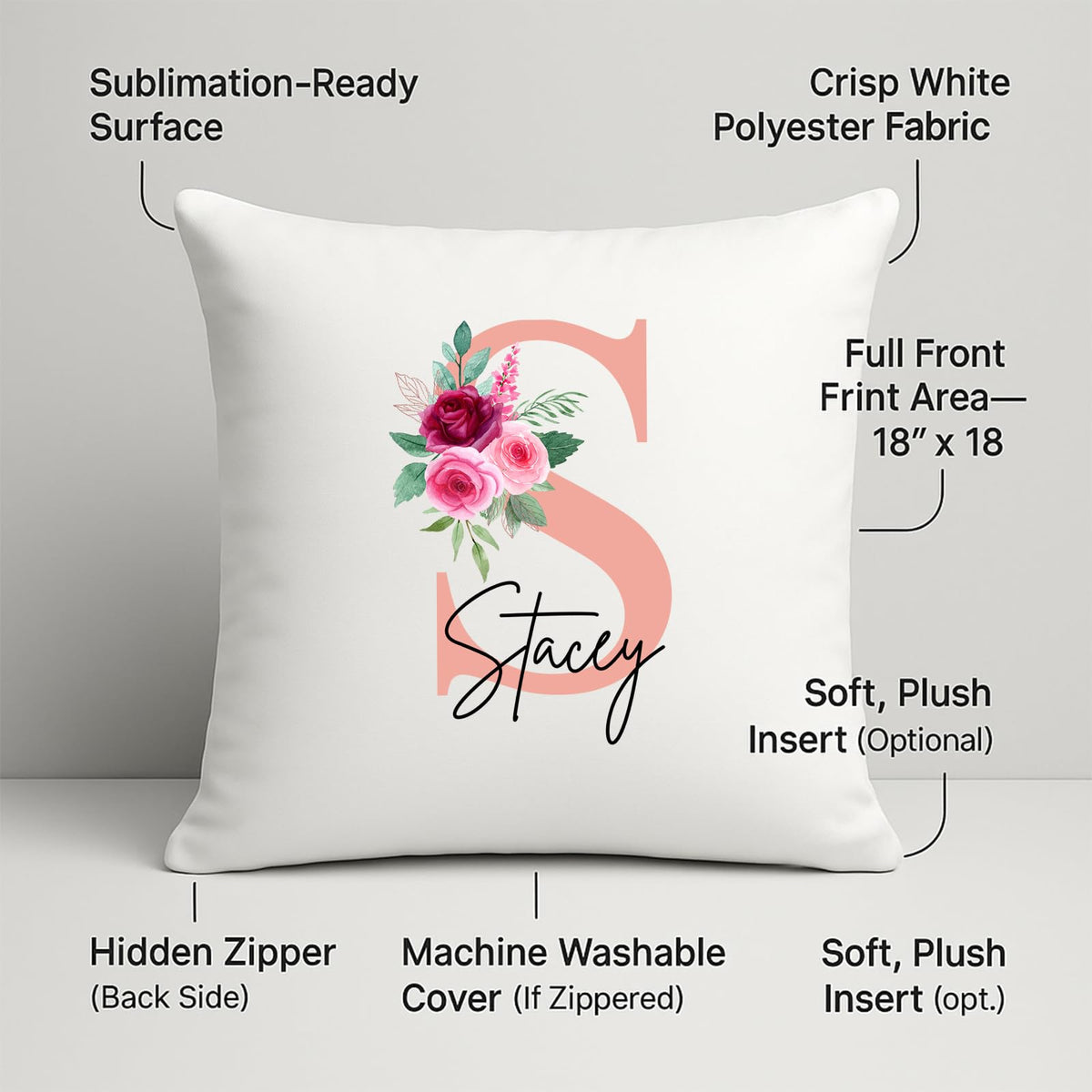 Cushion with a blush pink initial with roses and an example name and feature labels