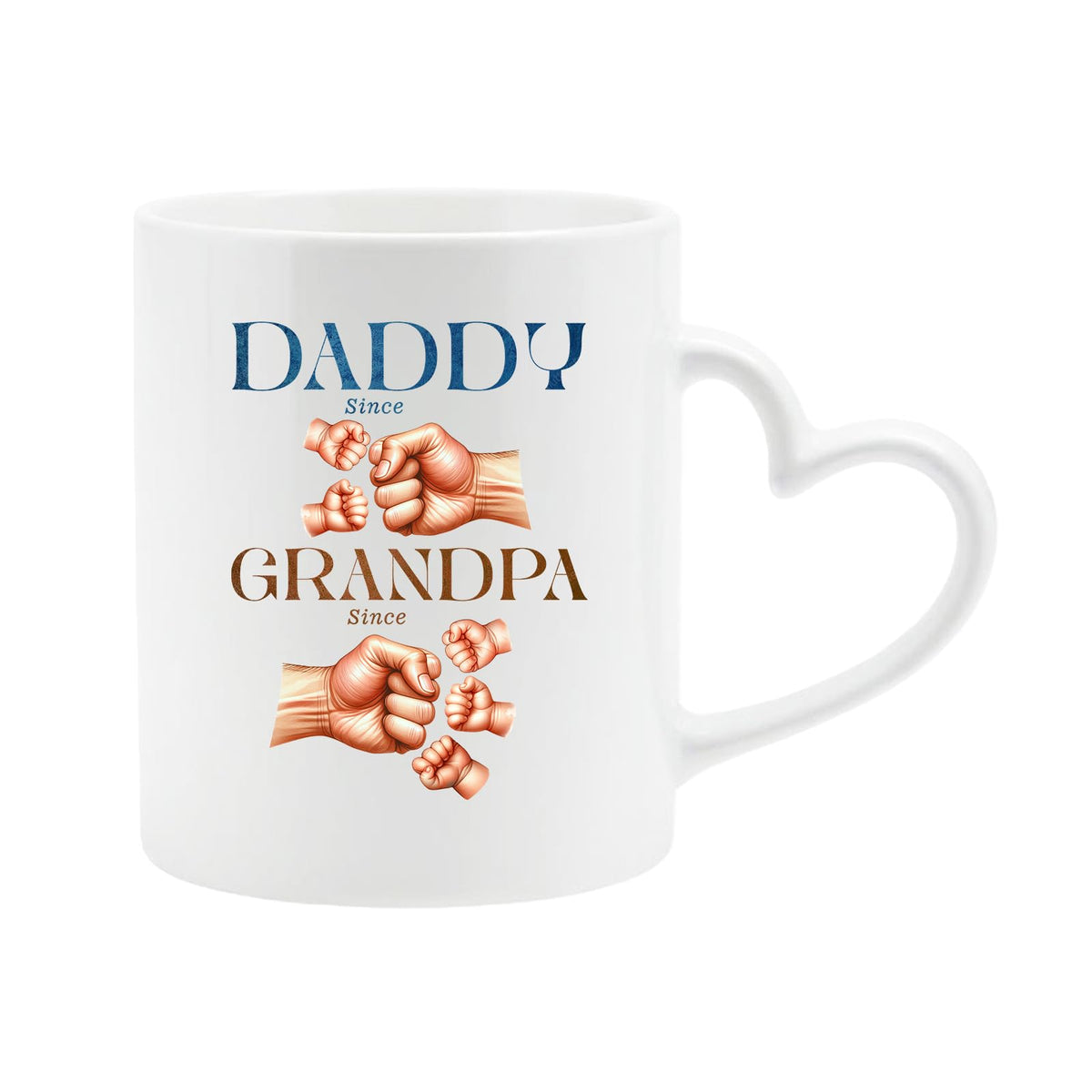 White heart-handle mug with “Daddy since” and “Grandpa since” with generations of fist bumps