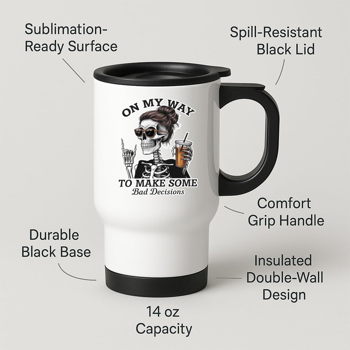 Travel mug with labels for spill-resistant lid, insulated double wall and 14oz capacity